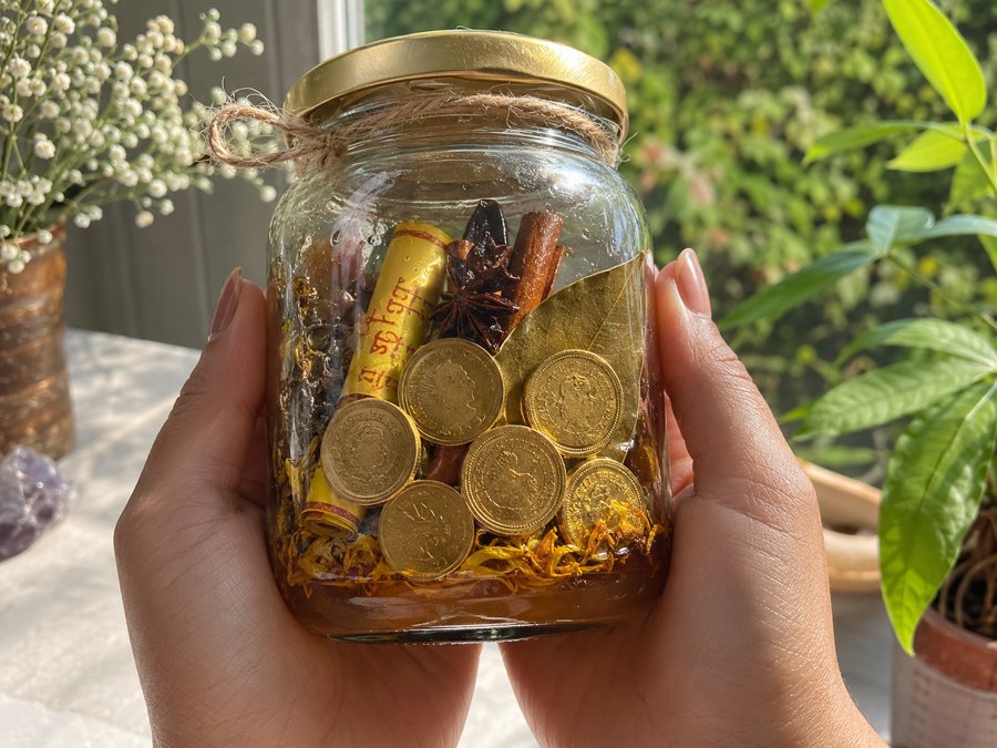 El frasco de abundancia terminado: miel, canela, laurel y monedas doradas adentro