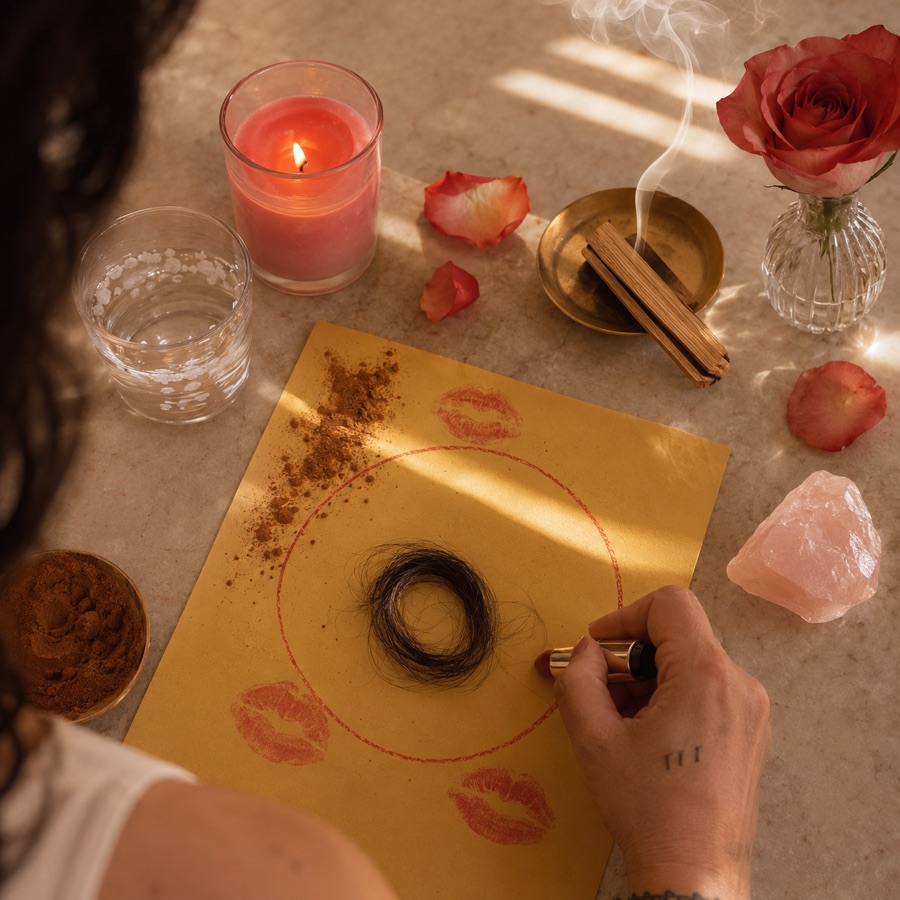 La hoja amarilla del ritual: el circulo rojo, el cabello en el centro, la canela y los tres besos de labial