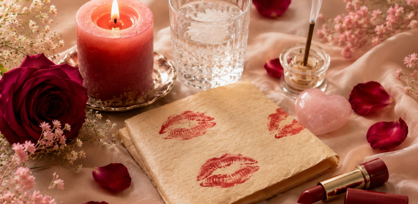 La hoja del ritual con los tres besos de labial, una rosa roja, canela y la vela encendida