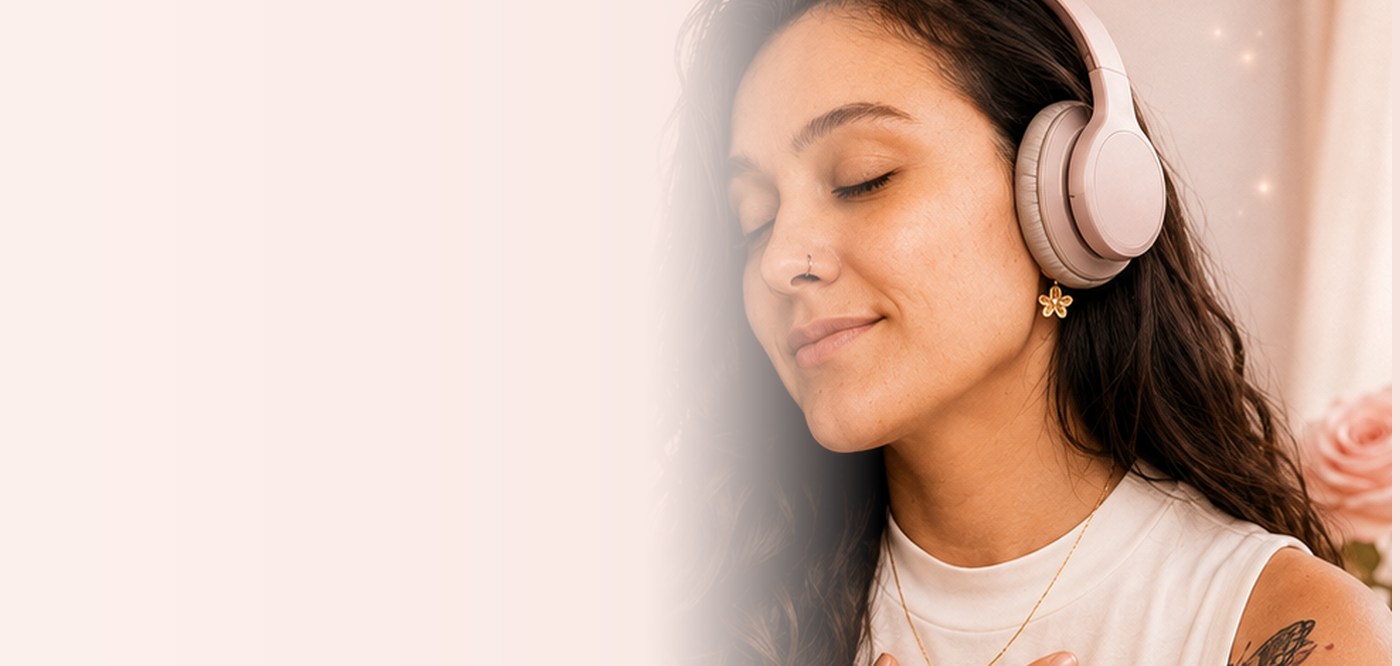 Nadia con audifonos y la mano en el pecho, escuchando el decreto de amor, con cuarzo rosa