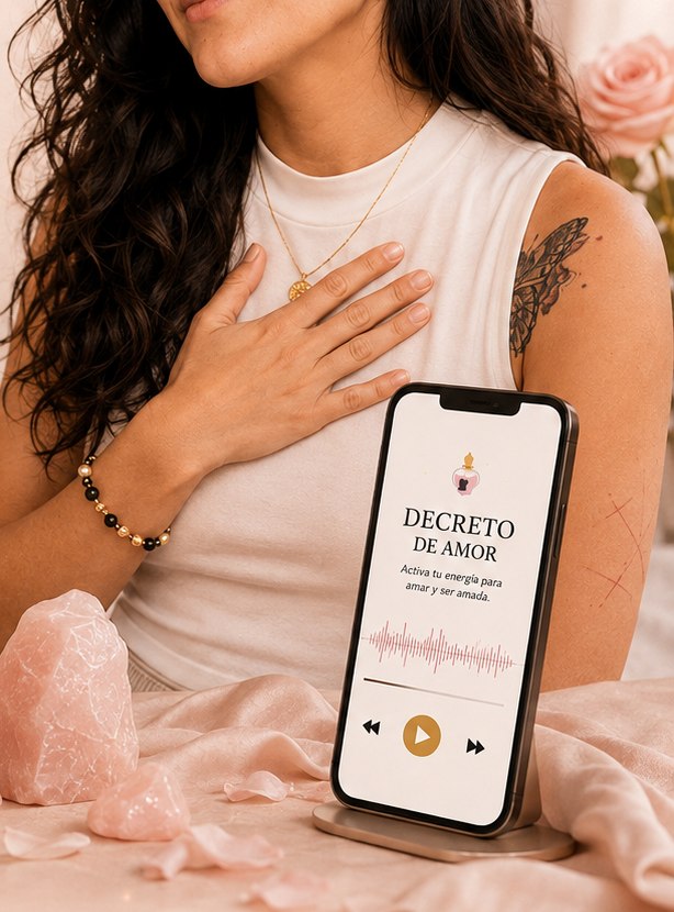 El decreto de amor en audio, sonando en el celular junto al cuarzo rosa