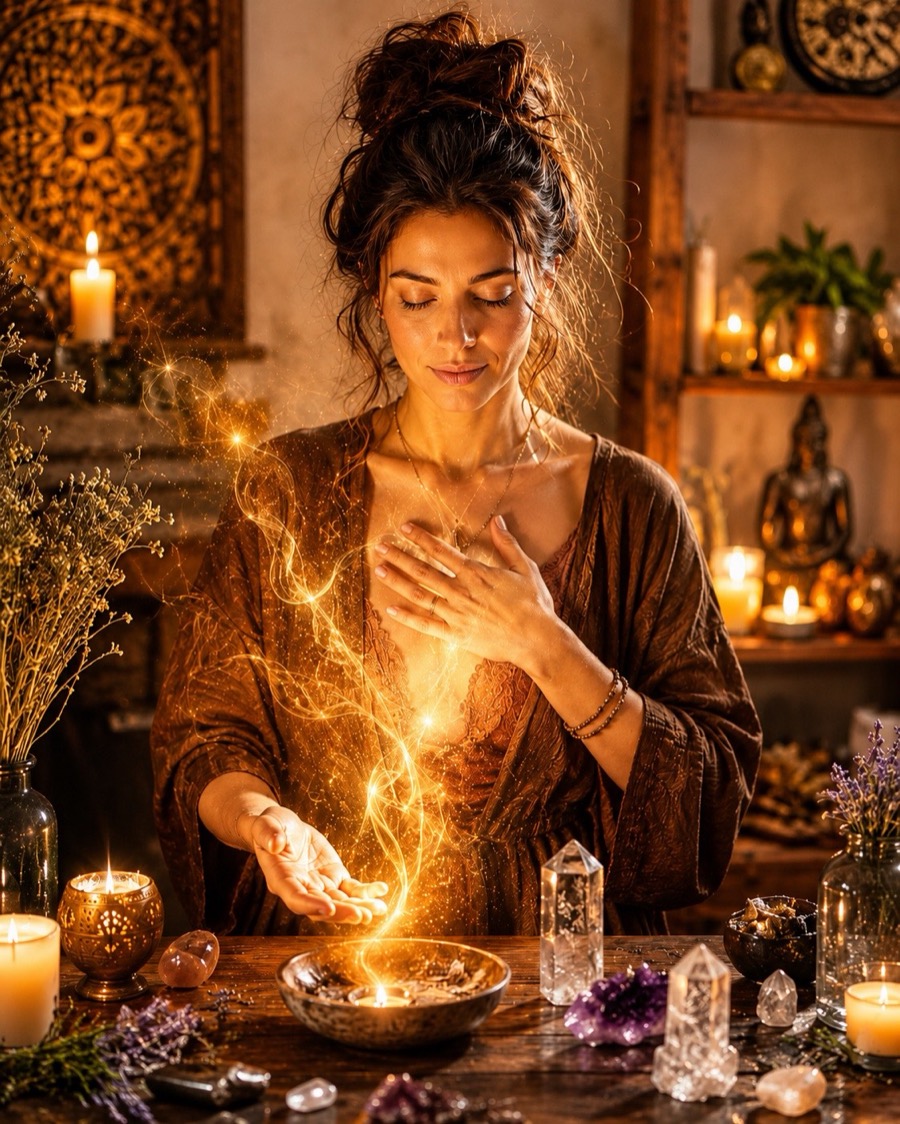 Mujer en su ritual de limpieza energética