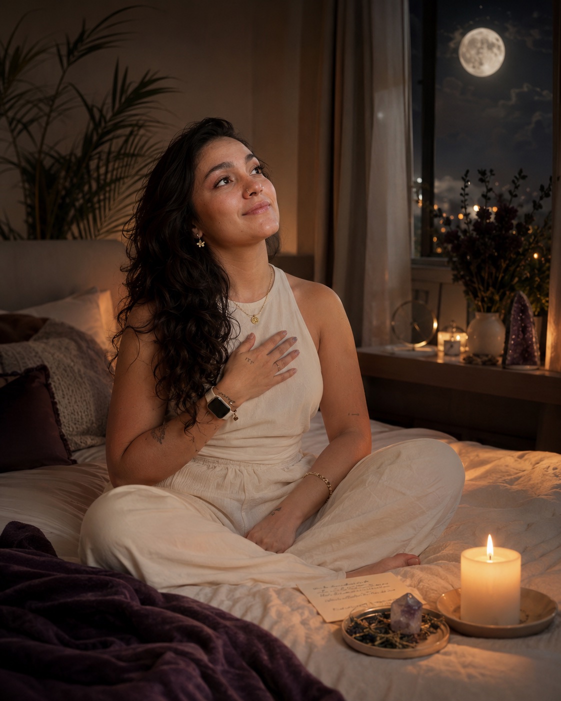Ella en la cama escribiendo en su cuaderno, con la vela y la noche por la ventana