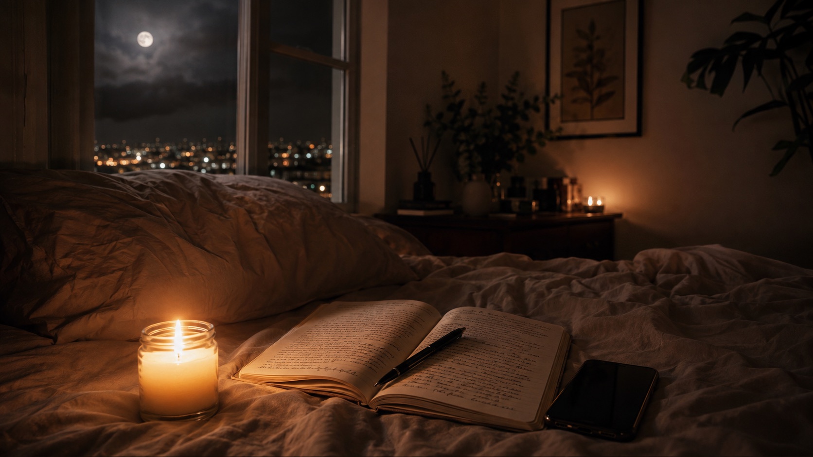 La cama de noche: la vela encendida, el cuaderno abierto y la luna llena por la ventana