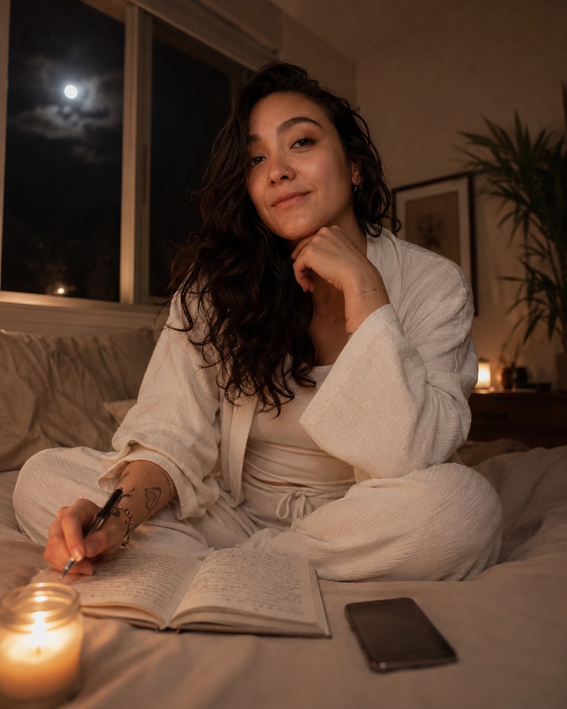 Ella en la cama escribiendo en su cuaderno, con la vela y la noche por la ventana
